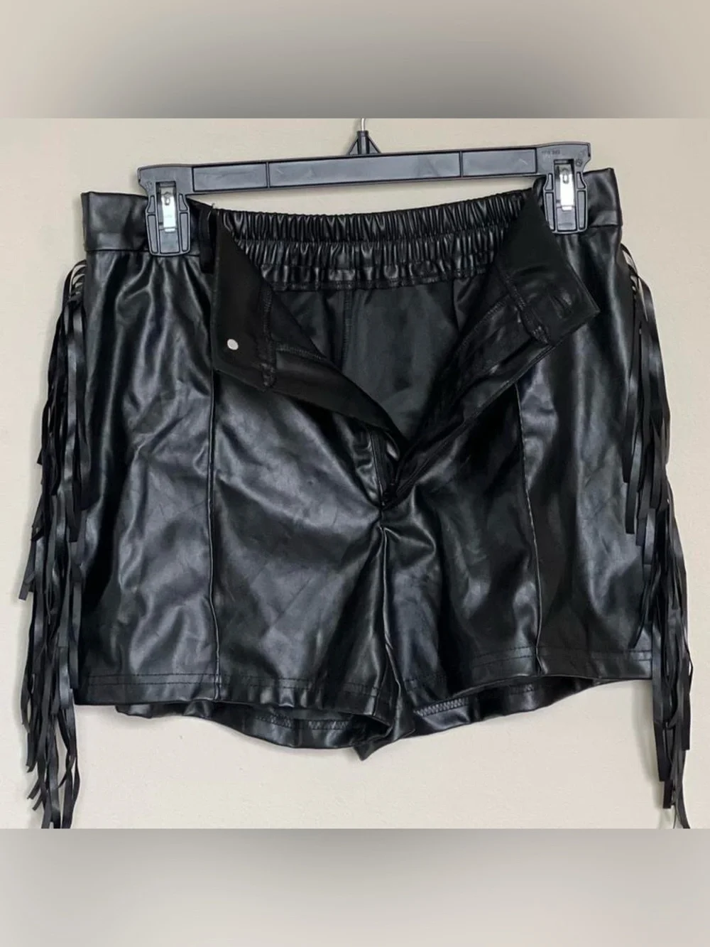 Black Faux Leather Fringe Shorts | Women’s Medium | Western Festival Moto Style